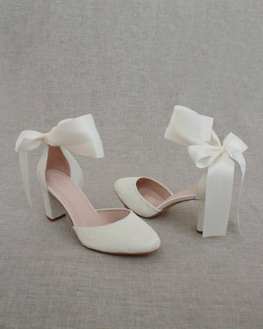 Ivory Lace Block Heel With WRAPPED SATIN TIE, Women Wedding Shoes ...