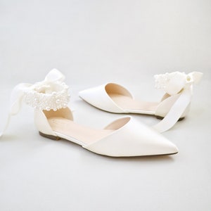 White & Ivory Satin Pointy Toe Wedding Flats with Perla Ankle Strap, Women Wedding Shoes, Bridal Shoes, Bridal Flats, White Shoes image 9