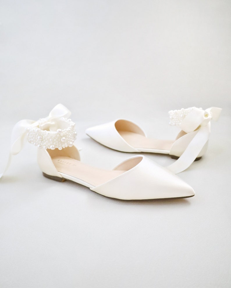 White & Ivory Satin Pointy Toe Wedding Flats with Perla Ankle Strap, Women Wedding Shoes, Bridal Shoes, Bridal Flats, White Shoes image 9