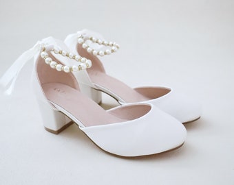 Girls Ivory Satin Block Heel with Pearls Ankle Strap, Flower Girls Shoes, Little Girls Heels, Birthday Shoes, Prom Shoes