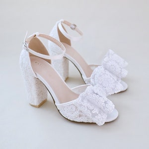 White & Ivory Crochet Lace Block Heel Sandals with Oversized Crochet Lace Bow - Women Wedding Shoes, Bridesmaids Shoes, Bridal Shoes