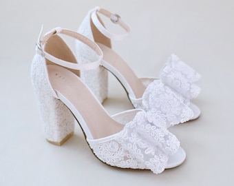 White & Ivory Crochet Lace Block Heel Sandals with Oversized Lace Bow - Women Wedding Shoes, Bridesmaids Shoes, Bridal Shoes