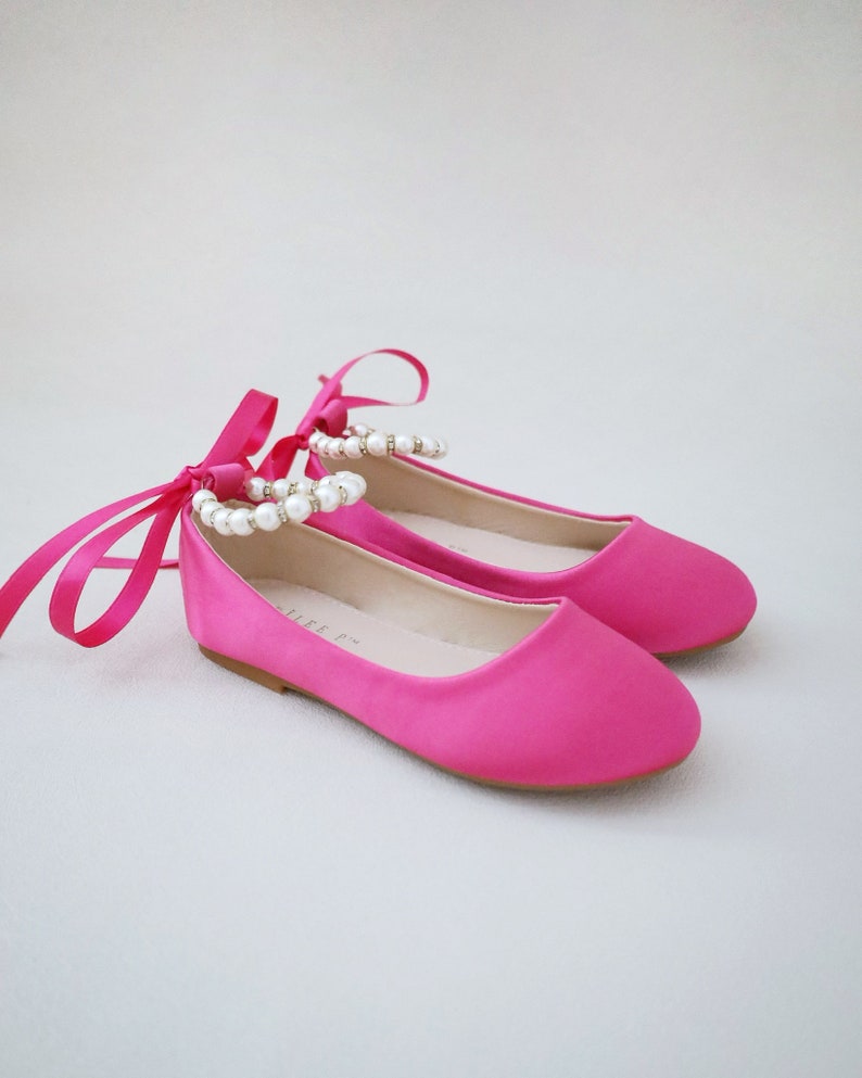 Fuchsia Satin Flats with Pearls Ankle Strap Fall flower girls shoes, Holiday Shoes, Birthday Shoes, Valentine's Shoes PEARL & GOLD BEADS