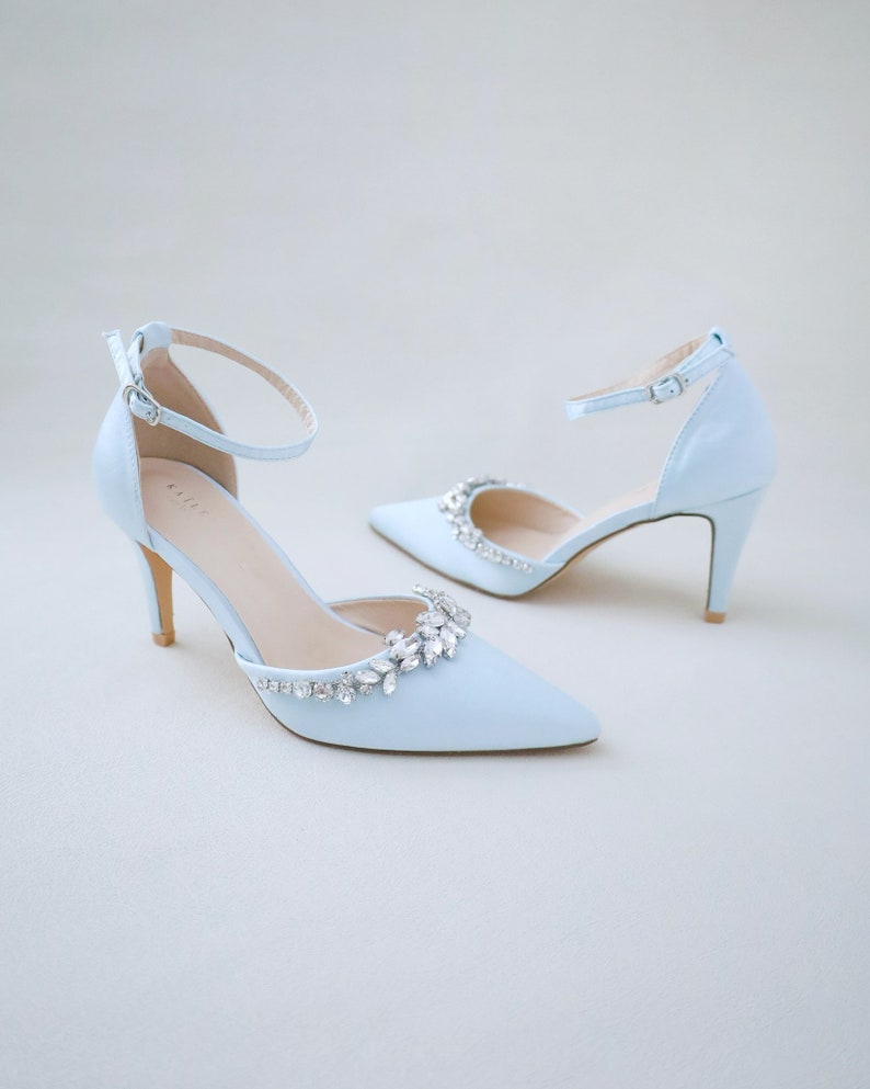 Light Blue Satin Pointy Toe Wedding Heels With Marquise - Etsy