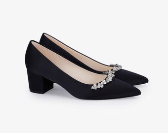 Black Satin Pointy Toe Low Block Heels Evening Pumps with Astoria Crystal, Evening Shoes, Prom Shoes, Women Pumps