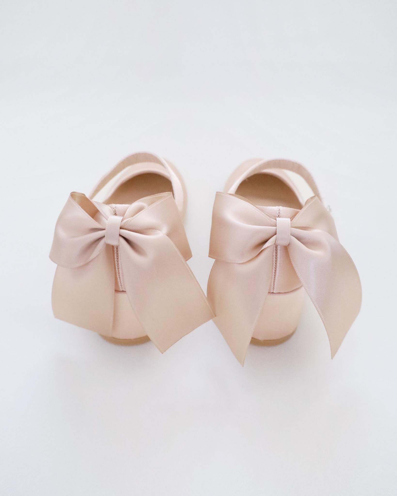 Champagne Girls Satin Mary Jane Block Heel With Back Satin Bow, Flower ...