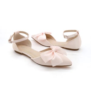 Dusty Pink Satin Pointy Toe Flats With Front Satin Bow, Women Wedding ...