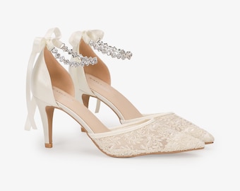 Ivory Crochet Lace Pointy toe HEELS with Amaryllis Crystal Strap - Women Wedding Shoes, Bridesmaid Shoes, Bridal Shoes, Prom Shoes