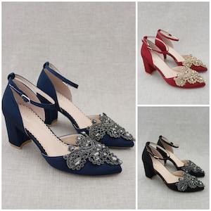 Satin Almond Toe Block Heel with Rhinestones Applique - Women Wedding Shoes, Bridesmaids Shoes, Bridal Shoes, Block Heels, Bride Shoes
