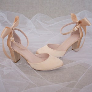 champagne satin block heels