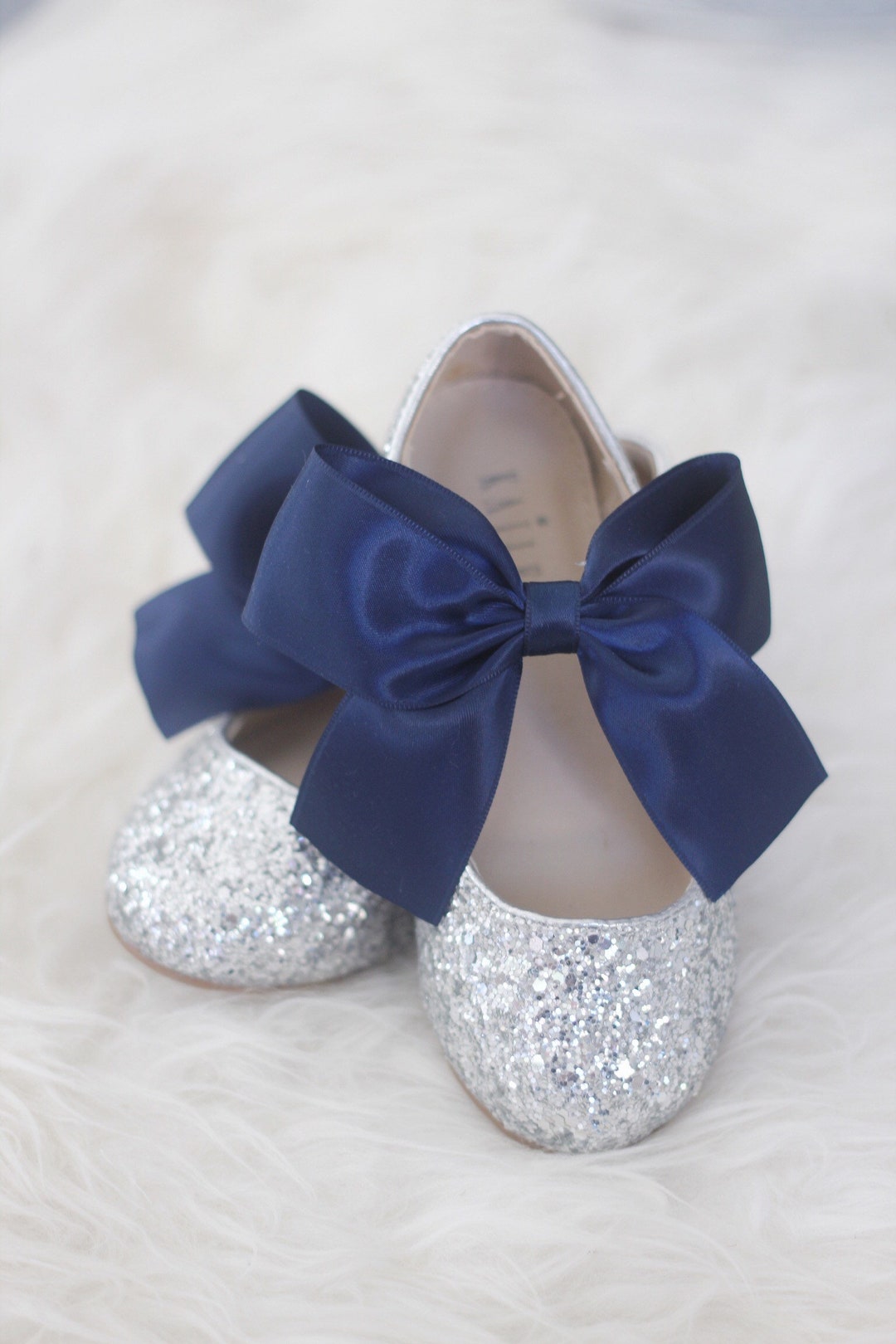 Silver Rock Glitter Mary-jane With NAVY SATIN Bow for Flower - Etsy