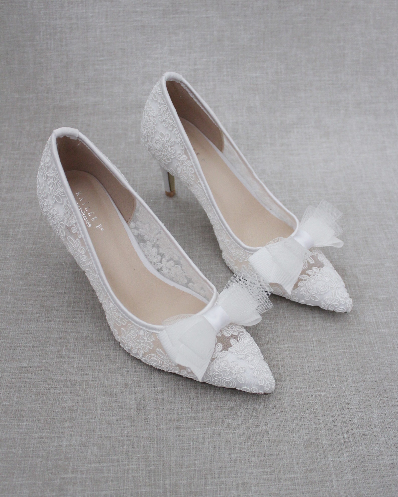 white crochet pumps