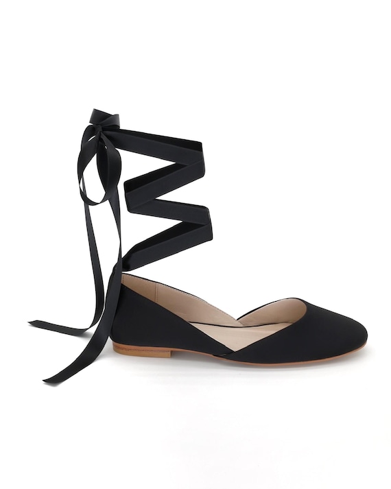 Black Satin Round Toe Bridal Flat with Ballerina Lace Up Bridal Shoes,  Fall Wedding Shoes, Bridesmaids Shoes