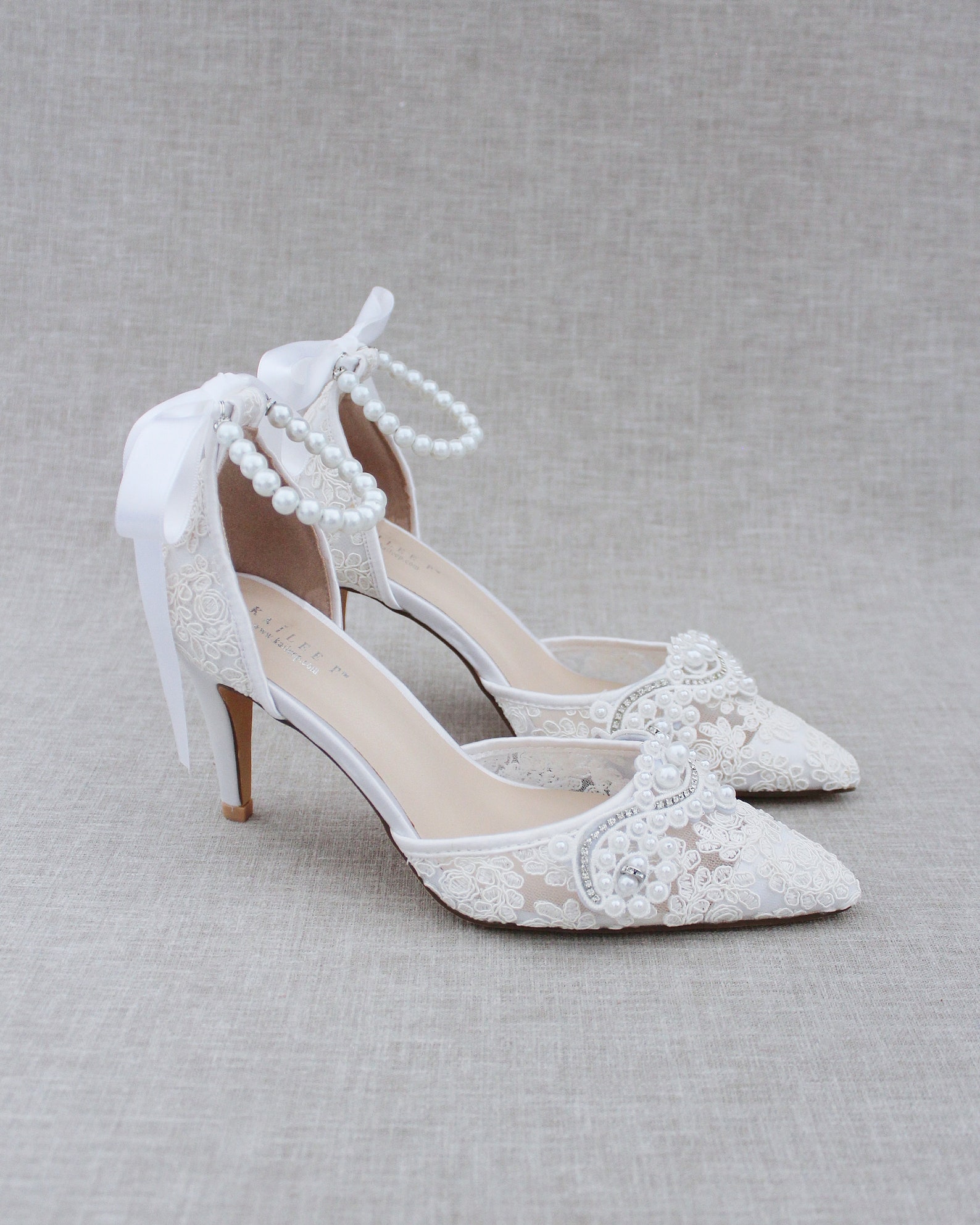 White Crochet Lace Pointy Toe HEELS With Small Pearls - Etsy