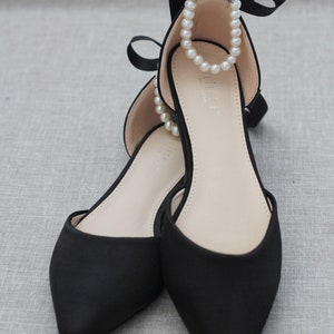 Black Satin Pointy Toe flats with PEARLS ANKLE STRAP, Fall Wedding Shoes, Bridesmaid Shoes, Black Evening Flats, Holiday Shoes image 1