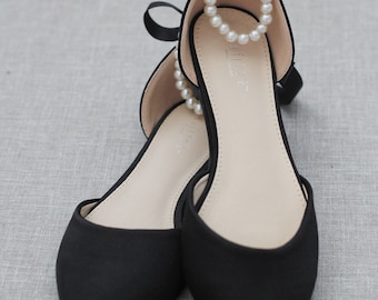 Black Satin Pointy Toe flats with PEARLS ANKLE STRAP,  Fall Wedding Shoes, Bridesmaid Shoes,  Black Evening Flats, Holiday Shoes