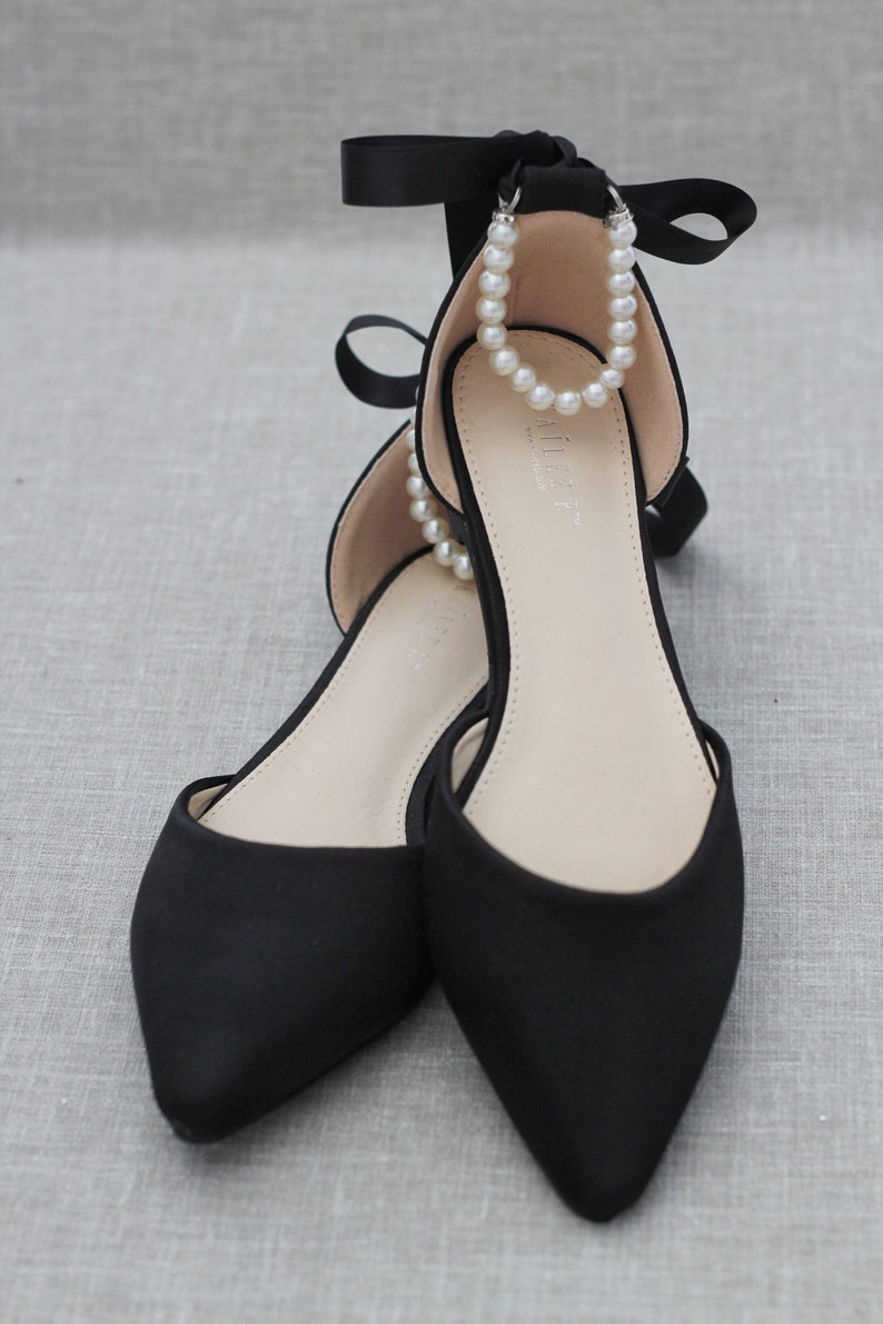 Black Satin Pointy Toe flats with PEARLS ANKLE STRAP, Fall Wedding Shoes, Bridesmaid Shoes, Black Evening Flats, Holiday Shoes image 1