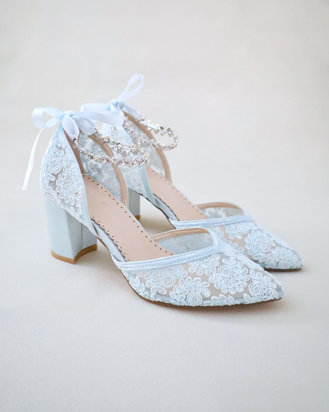 Light Blue Crochet Lace Almond Toe Block Heel With Amaryllis - Etsy