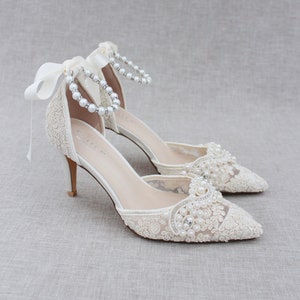 Ivory Crochet Lace Pointy toe HEELS with Small Pearl Applique, Women Wedding Shoes, Bridesmaid Shoes, Bridal Heels, Lace Wedding Heels