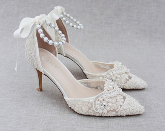 Ivory Crochet Lace Pointy toe HEELS with Small Pearl Applique, Women Wedding Shoes, Bridesmaid Shoes, Bridal Heels, Lace Wedding Heels