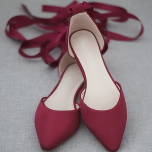 Burgundy Satin Pointy Toe Flats With Satin ANKLE TIE or BALLERINA Lace ...