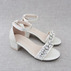 Ivory Satin Block Heel Sandals With FLORAL RHINESTONES on - Etsy