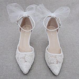 White Crochet Lace Pointy Toe HEELS With TULLE Back Bow, Women Wedding ...