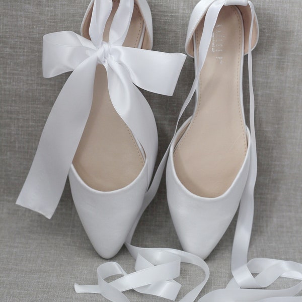 White Satin Pointy Toe Flats with satin ANKLE TIE or BALLERINA Lace Up, Wedding Shoes, Bride Shoes, Bridesmaids Shoes