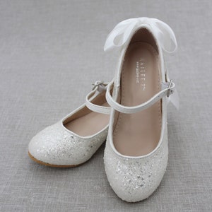 Girls Heel Glitter Shoes White Rock Glitter Mary-jane Heels With Added ...