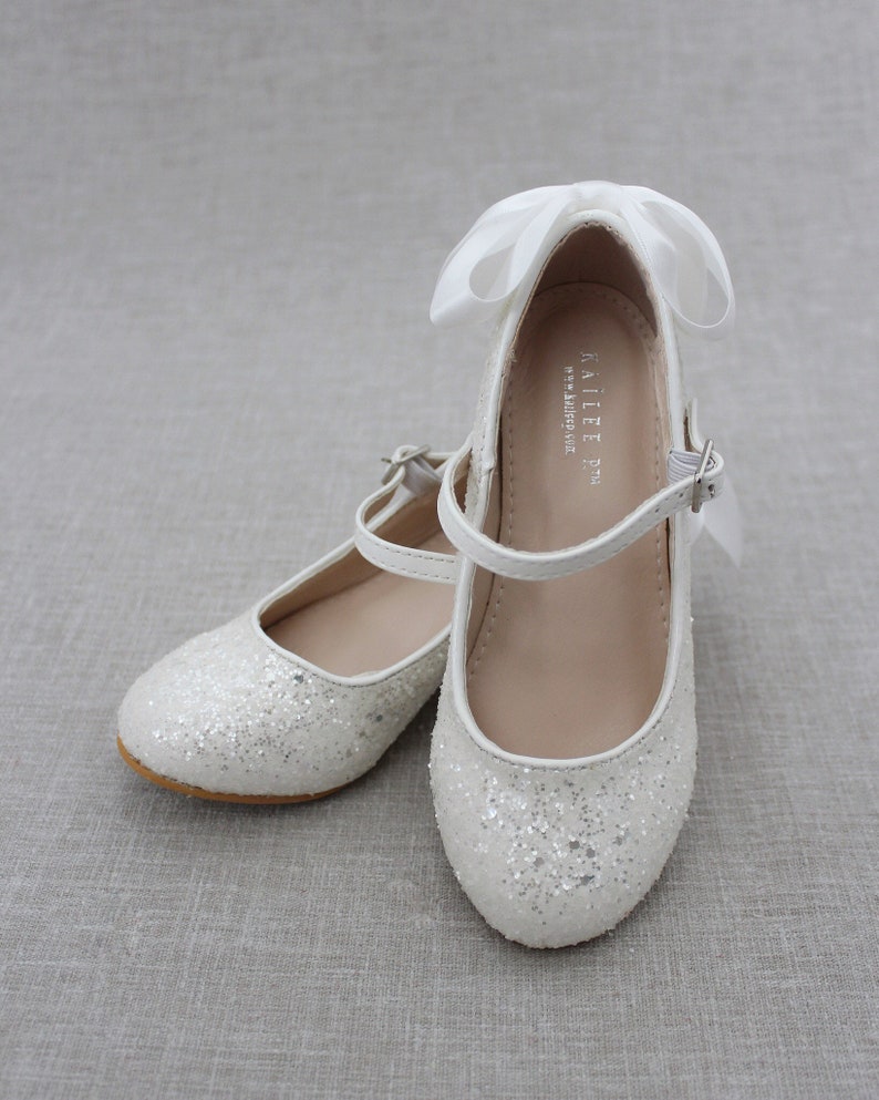 Girls Heel Glitter Shoes White Rock Glitter mary-jane heels with added satin bow, Baptism and Christening Shoes, Holiday Shoes image 3