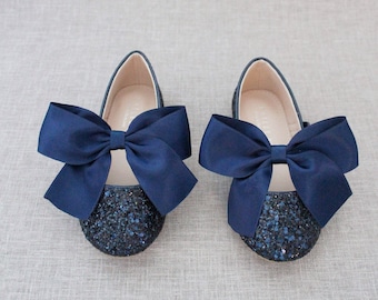 Navy Rock Glitter Mary Jane with NAVY SATIN BOW for flower girls - Infant girl shoes, Toddler girl shoes, Kids Girls Shoes, Holiday Shoes