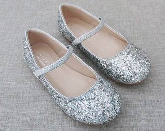 Silver Rock Glitter Mary Jane Flats, Zapatos para niñas, Zapatos para niños pequeños, Zapatos de vacaciones, Zapatos para niñas de flores, Zapatos de cumpleaños