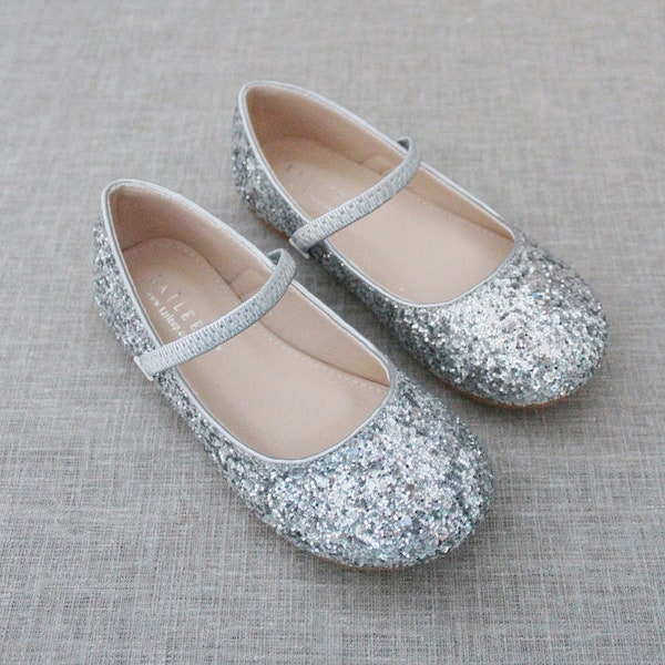 Silver Rock Glitter Mary Jane Flats, Infant Girl Shoes, Toddler Shoes, Holiday Shoes, Flower Girls Shoes, Birthday Shoes