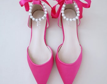 Fuchsia Satin Pointy Toe Flats with Pearls Ankle Strap, Valentine Shoes, Bridesmaids Shoes, Bridal Flats, Wedding Flats
