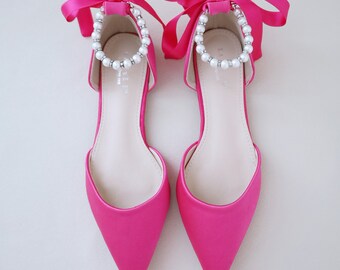 Fuchsia Satin Pointy Toe Flats with Pearls Ankle Strap, Valentine Shoes, Bridesmaids Shoes, Bridal Flats, Wedding Flats