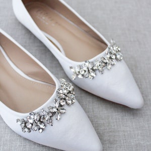 White Satin Pointy Toe Flats With Sparkly FLORAL RHINESTONES Across the ...