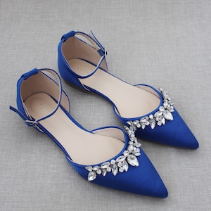 Royal Blue Pointy Toe Flats with Sparkly TEARDROP RHINESTONES, Women Wedding Shoes, Bridesmaid Shoes, Something Blue, Holiday Shoes