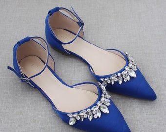 Royal Blue Pointy Toe Flats with Sparkly TEARDROP RHINESTONES, Women Wedding Shoes, Bridesmaid Shoes, Something Blue, Holiday Shoes