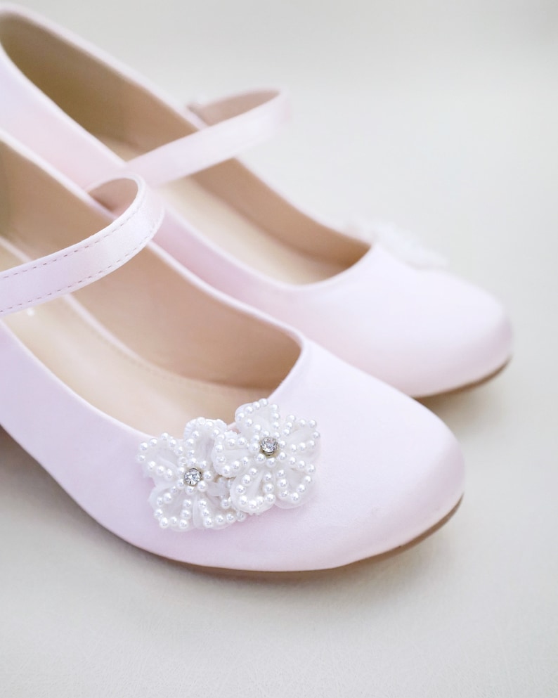 Dusty Pink Girls Satin Mary Jane Block Heel With All Pearls Chassia ...