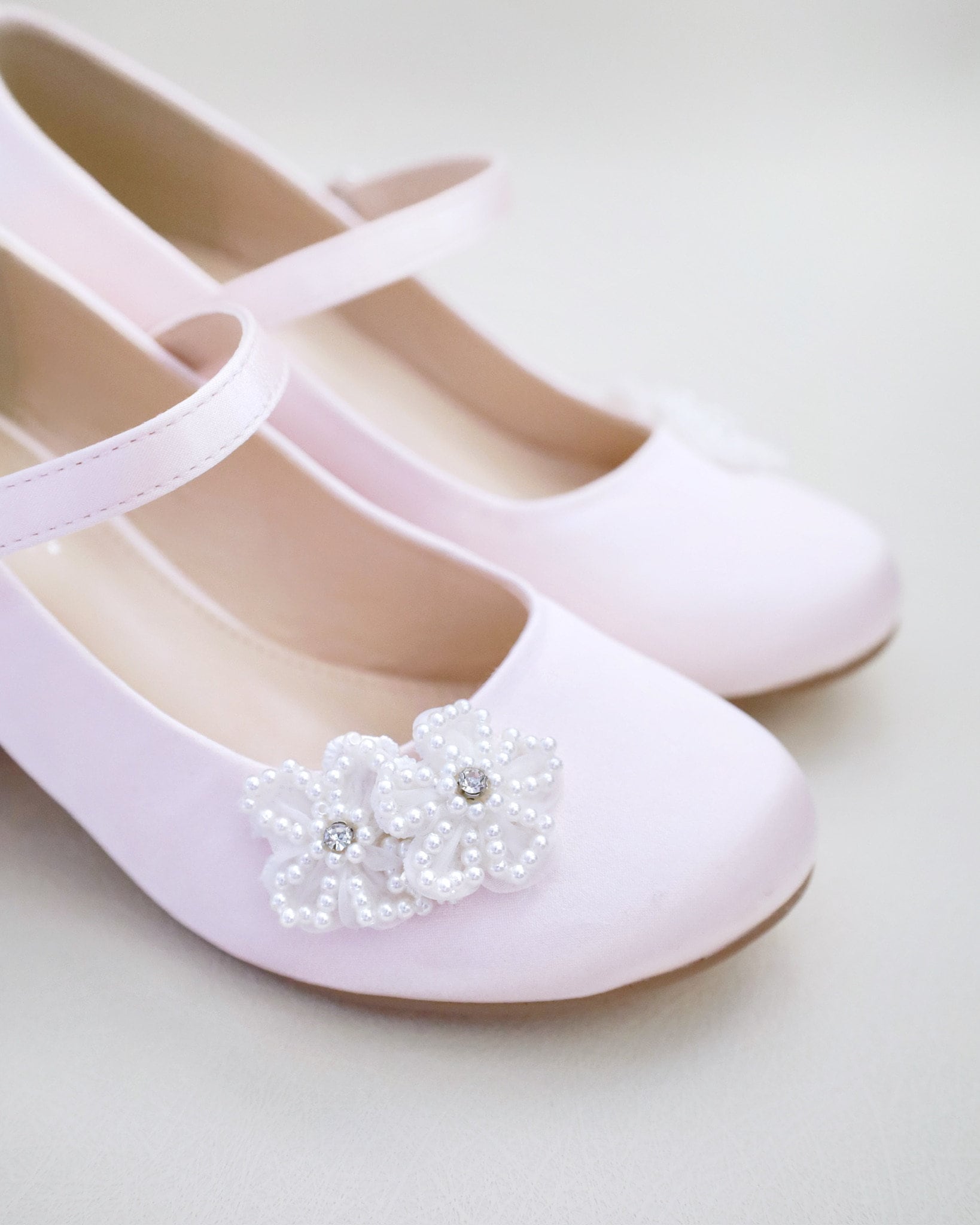 Dusty Pink Girls Satin Mary Jane Block Heel With All Pearls Chassia ...