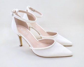 Ivory Satin Pointy Toe HEELS with Mini Pearls, Wedding Shoes, Bridesmaids Shoes, Evening Shoes, Holiday Shoes, Pearls Bridal Shoes