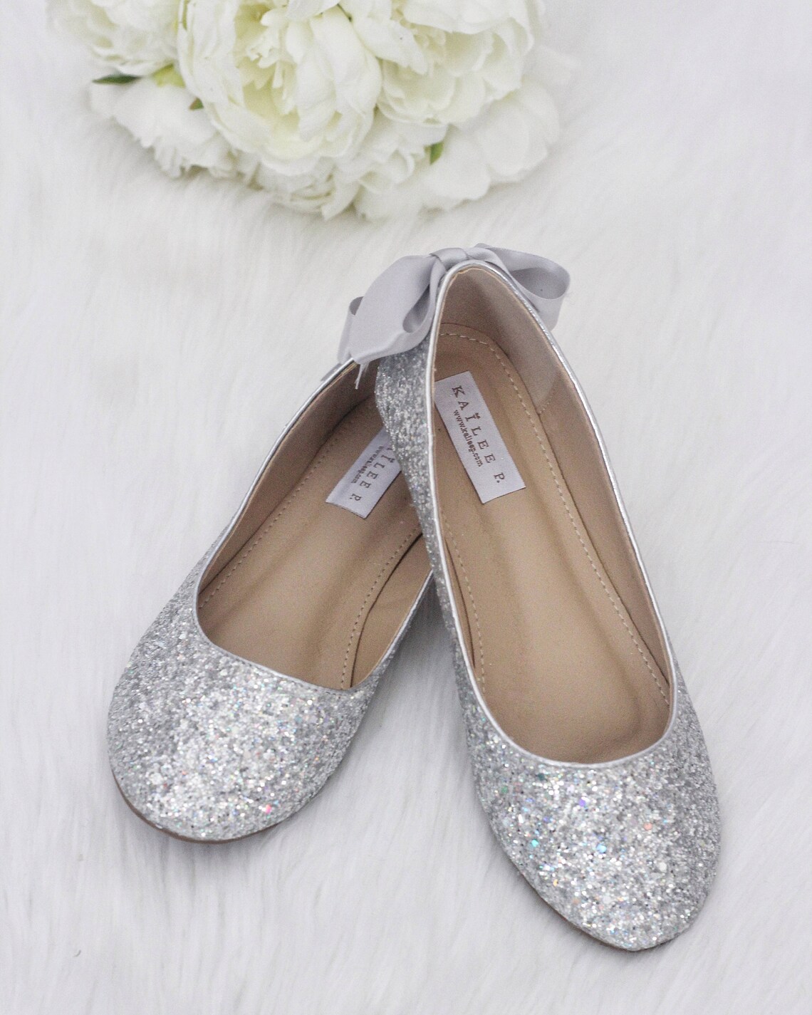 SILVER ROCK GLITTER Flats with Back Satin Bow Bridal Shoes | Etsy