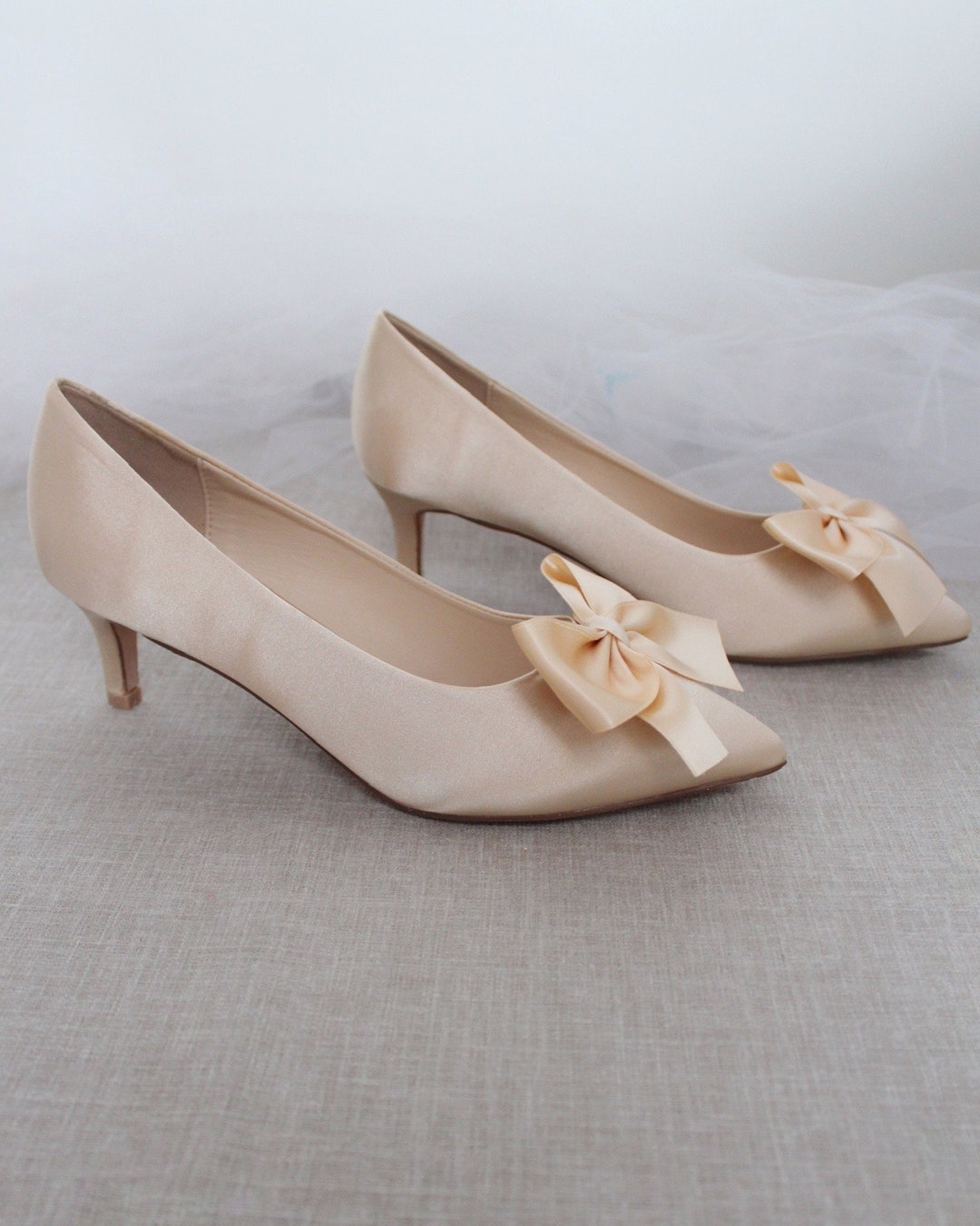 Champagne Satin Pointy Toe Pump Low Heels With SATIN BOW Fall - Etsy