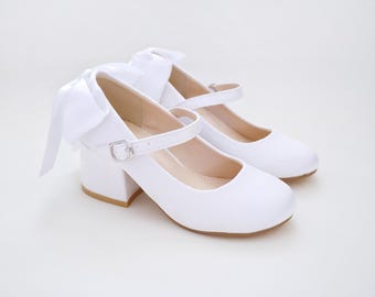 Ivory & White Satin Mary Jane Girls Block Heel With Back Satin Bow, Flower Girls  Shoes, Birthday Shoes, Little Girls Heels - Etsy