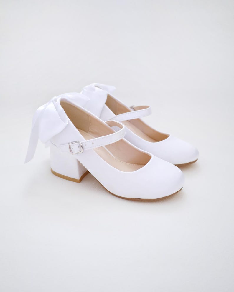 Ivory & White Satin Mary Jane Girls Block Heel With Back Satin Bow ...