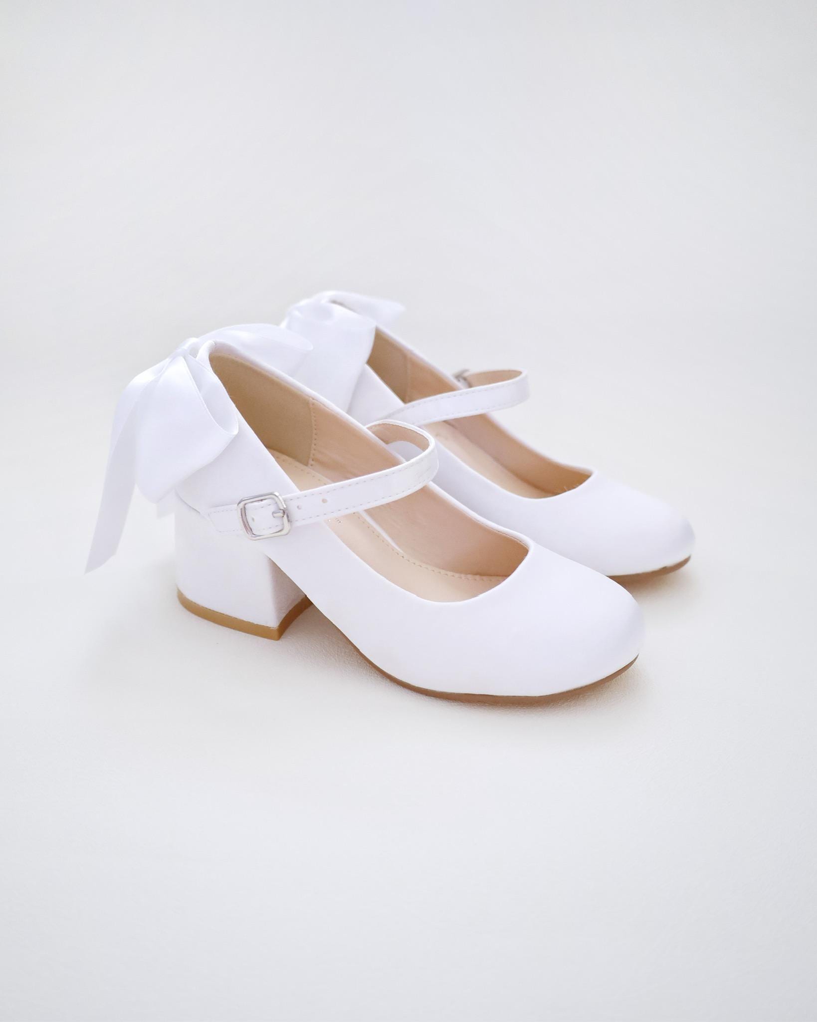 Ivory & White Satin Mary Jane Girls Block Heel With Back Satin Bow ...