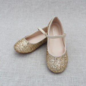 Gold Rock Glitter Mary Jane Flats for Fall Flower Girls Shoes, Girls Shoes, Holiday Shoes, Party Shoes NO HAIRCLIP