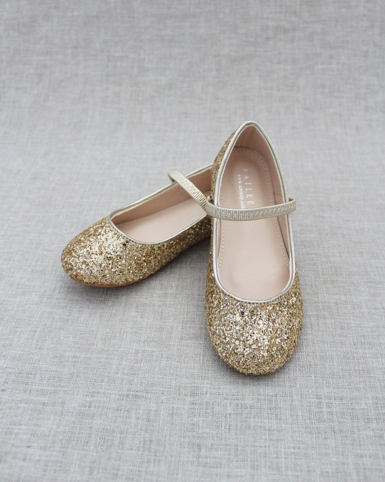 Gold Rock Glitter Mary Jane Flats for Fall Flower Girls Shoes, Girls Shoes, Holiday Shoes, Party Shoes NO HAIRCLIP