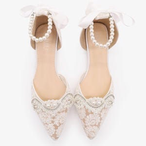 White Crochet Lace Pointy toe flats with Small Pearls Applique , Women Wedding Shoes, Bridesmaid Shoes