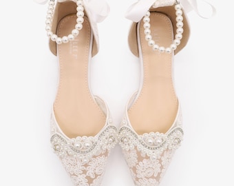 White Crochet Lace Pointy toe flats with Small Pearls Applique , Women Wedding Shoes, Bridesmaid Shoes